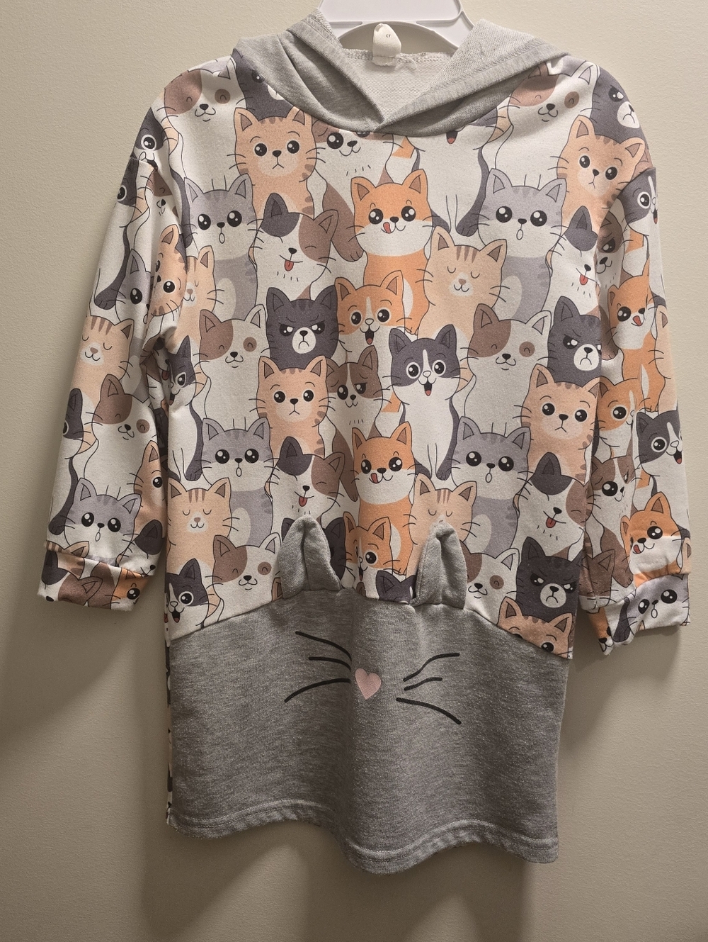 SHEIN Gray & Peach Cat Print Hooded Kids Dress